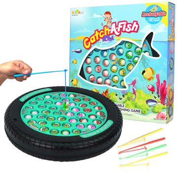 KIPA Gaming Rechargeable Fish Catching Game in Dark Blue: Includes 45 Fishes, Big Round Pond & 4 Catching Sticks - Fun Activity for Kids Ages 2-9 - Sea Green