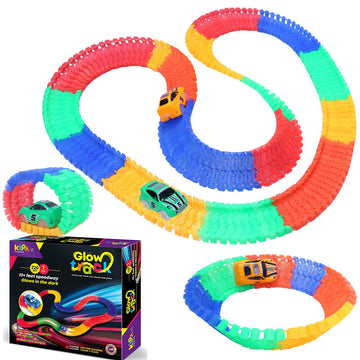Super 1 Magic Race Car with 240 Bend Flex and Glow Tracks: 11 Feet Long Flexible Car Play Set for Kids