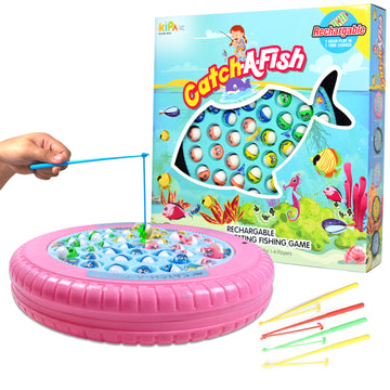 KIPA Gaming Rechargeable Fish Catching Game in Dark Blue: Includes 45 Fishes, Big Round Pond & 4 Catching Sticks - Fun Activity for Kids Ages 2-9 - Pink