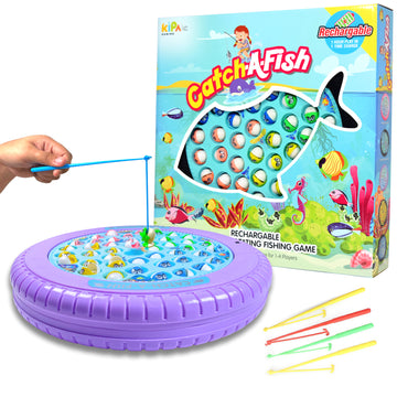 KIPA Gaming Rechargeable Fish Catching Game: Includes 45 Fishes, Big Round Pond & 4 Catching Sticks - Fun Activity for Kids Ages 2-9 - Lavender