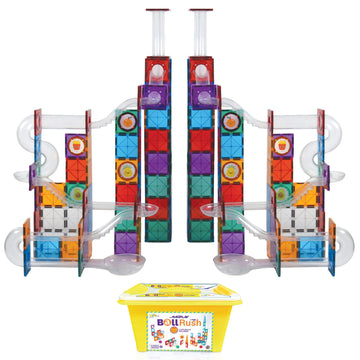 KIPA MagPlay BALLRUSH Magnetic Tiles 105 Pieces with Storage Container Ball Run Set for Kids - 3D STEAM Educational Toys - Magnetic Marble Run for Kids Age 3+ - Creative Gift