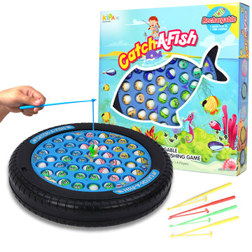 KIPA Gaming Rechargeable Fish Catching Game in Dark Blue: Includes 45 Fishes, Big Round Pond & 4 Catching Sticks - Fun Activity for Kids Ages 2-9
