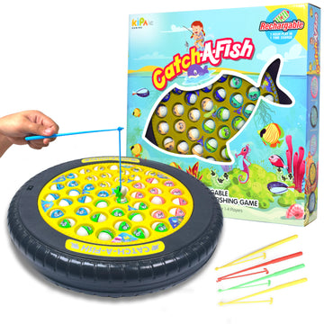 KIPA Gaming Rechargeable Fish Catching Game: Includes 45 Fishes, Big Round Pond & 4 Catching Sticks - Fun Activity for Kids Ages 2-9 - Yellow