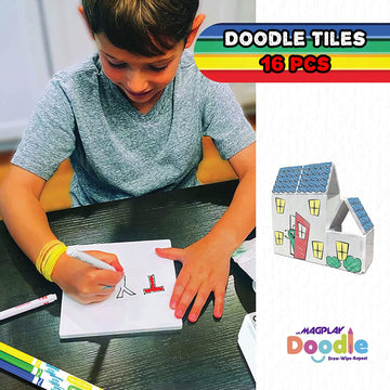 ToyDen Doodle Magnetic Tiles 16 Pieces + 4pcs Marker for Kids - 3D STEAM Educational Toys - Magnetic Doodle for Kids Age 3+ - Creative Gift