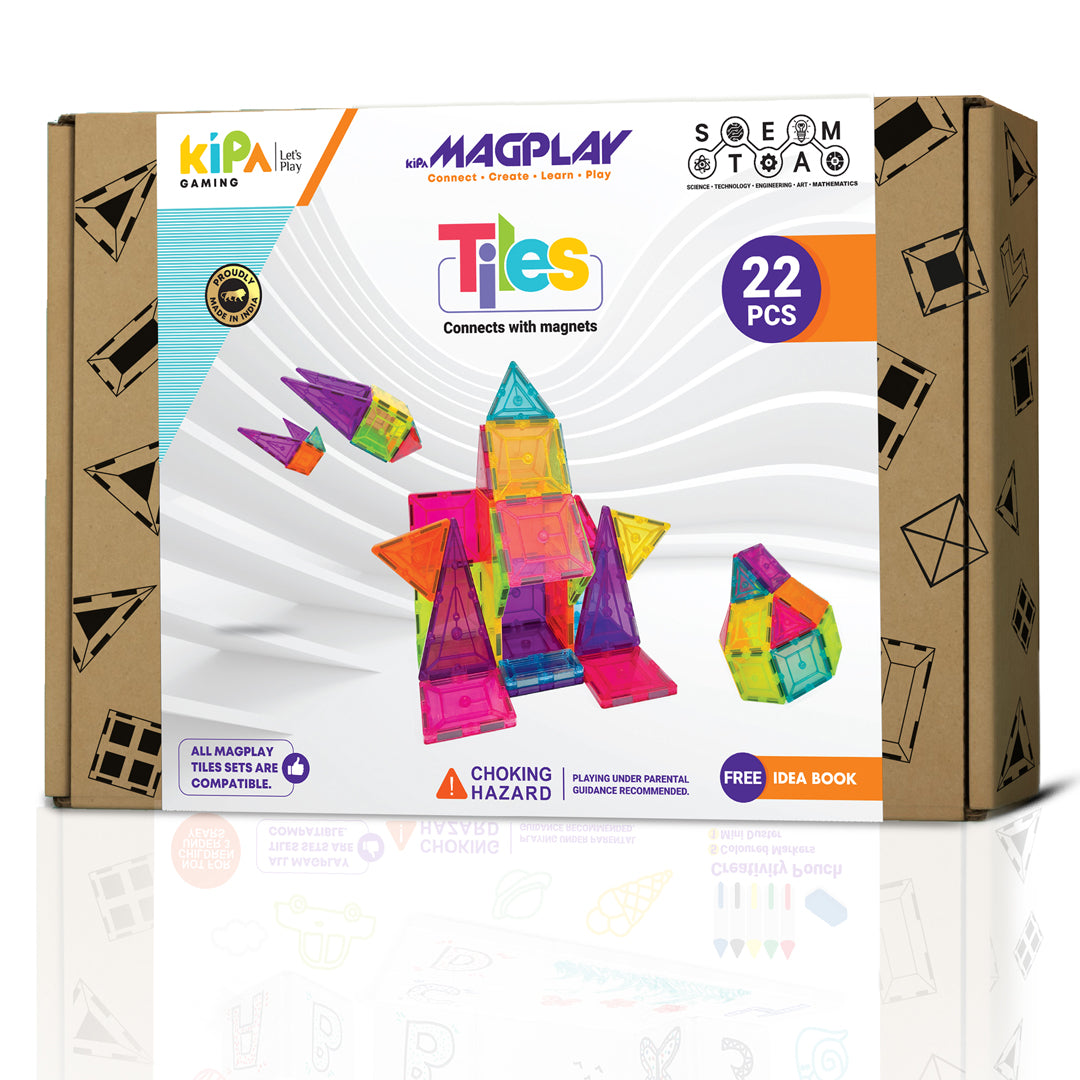 KIPA GAMING MagPlay 22pcs The Original STEAM Magnetic Building Tiles & Blocks - Made in India - Open-Ended Creative Learning Educational Toys for Children Ages 3+, Multicolor