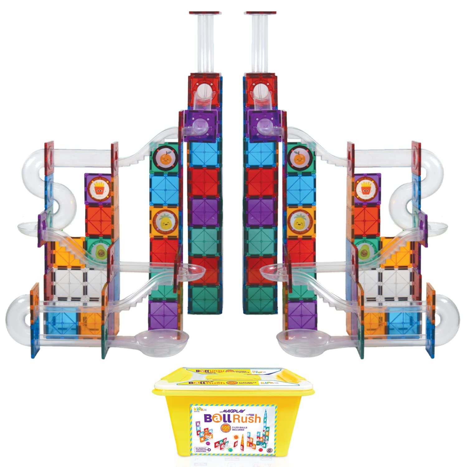 KIPA MagPlay BALLRUSH Magnetic Tiles 105 Pieces with Storage Container Ball Run Set for Kids - 3D STEAM Educational Toys - Magnetic Marble Run for Kids Age 3+ - Creative Gift