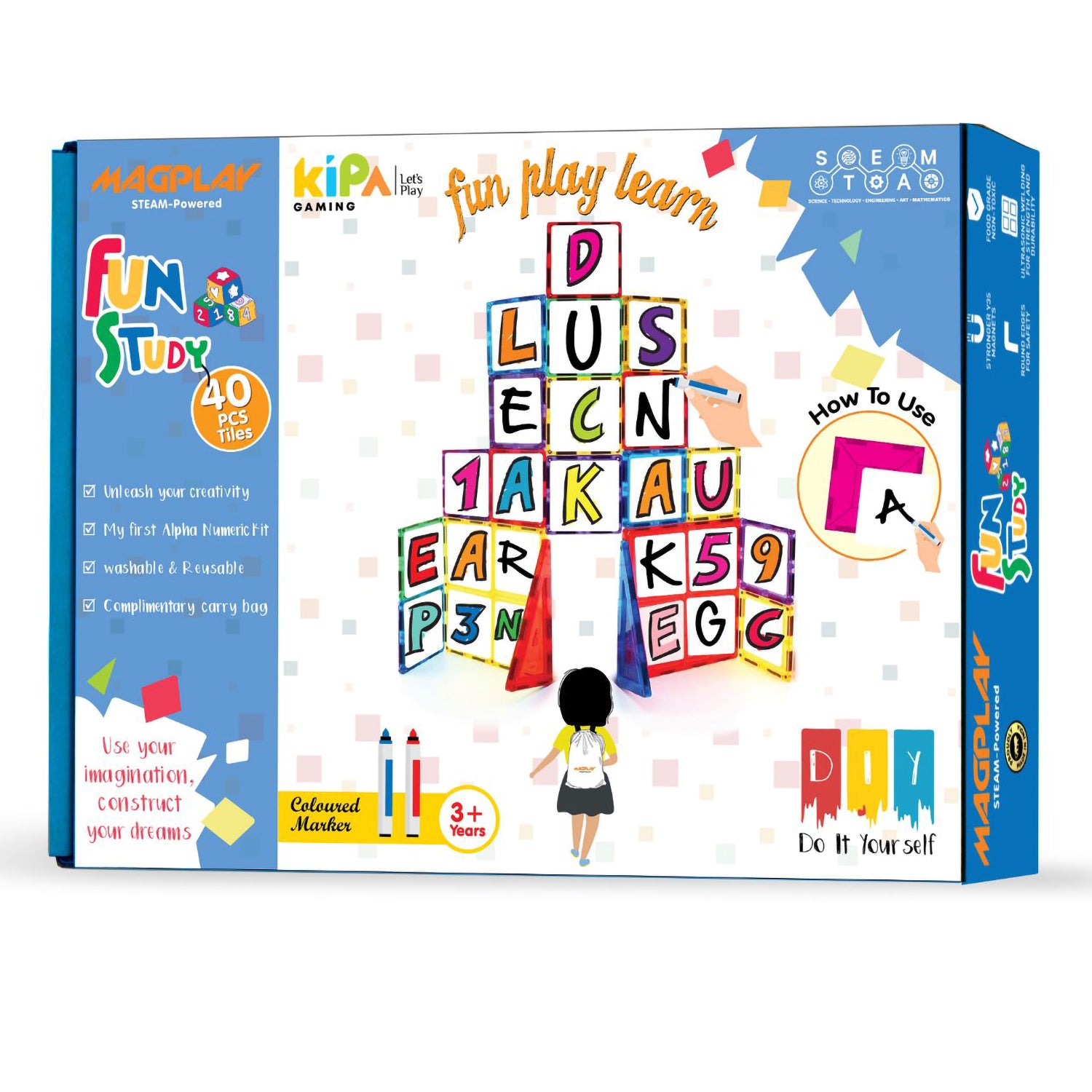 KIPA GAMING MagPlay 40pcs Magnetic Tiles Toys with 26 Reusable Learning Magnetic Doodle Stickers - Multicolor STEAM Toy