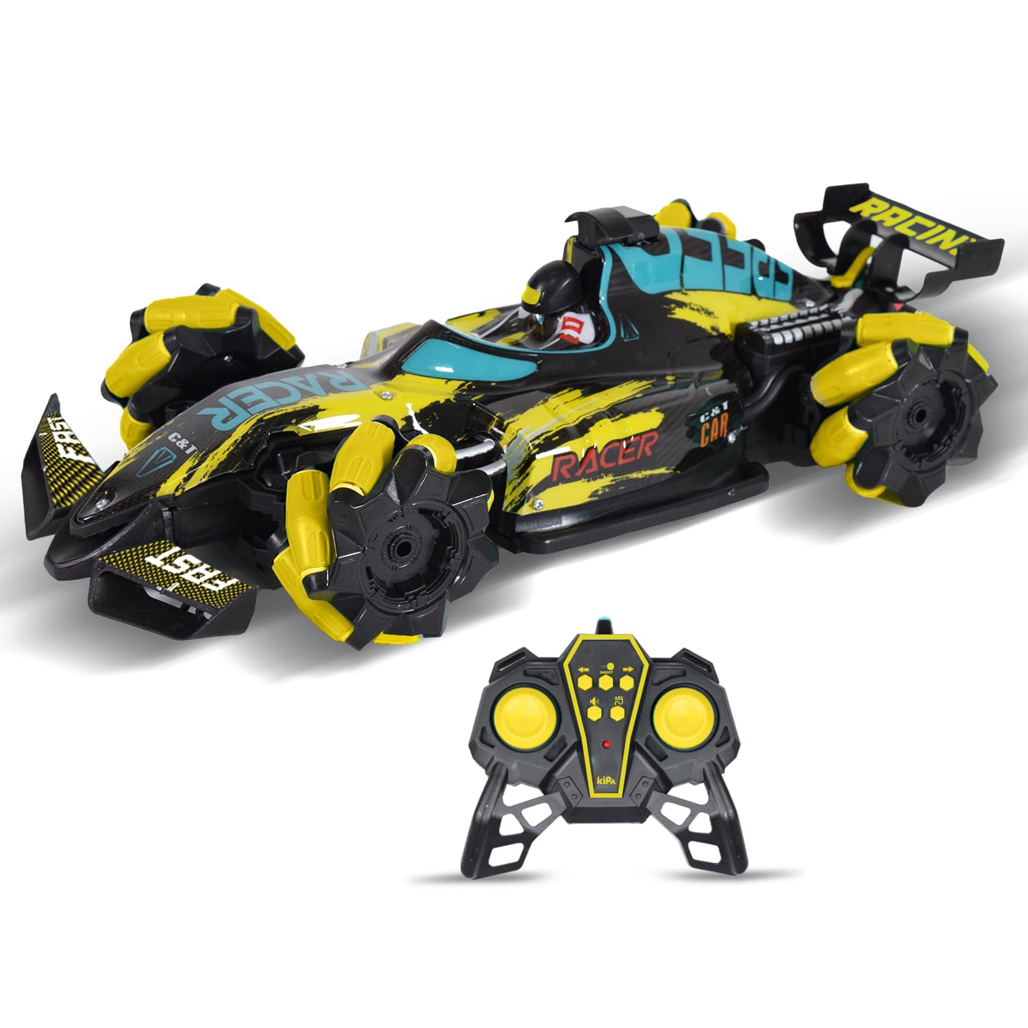 KIPA GAMING Stunt Remote Control Smoke Car with LED Lights | High Speed Drift RC Car for Kids | 25 KM/H 2.4GHz | 360° Rotation Fast Stunt Toy Car - Yellow