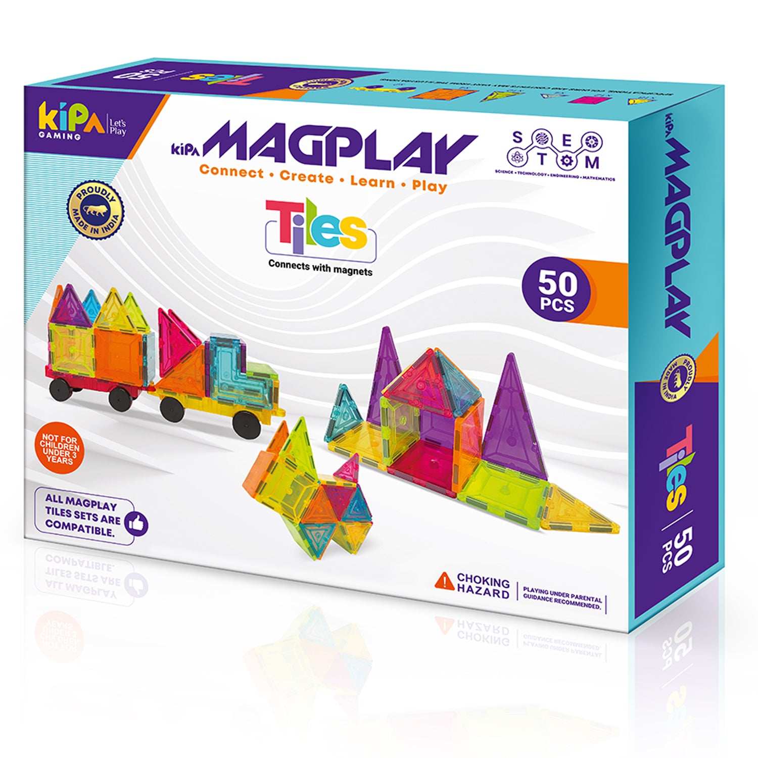 KIPA GAMING MagPlay 50pcs The Original STEAM Magnetic Building Tiles & Blocks - Made in India for Open-Ended Learning & Fun! - Multicolor