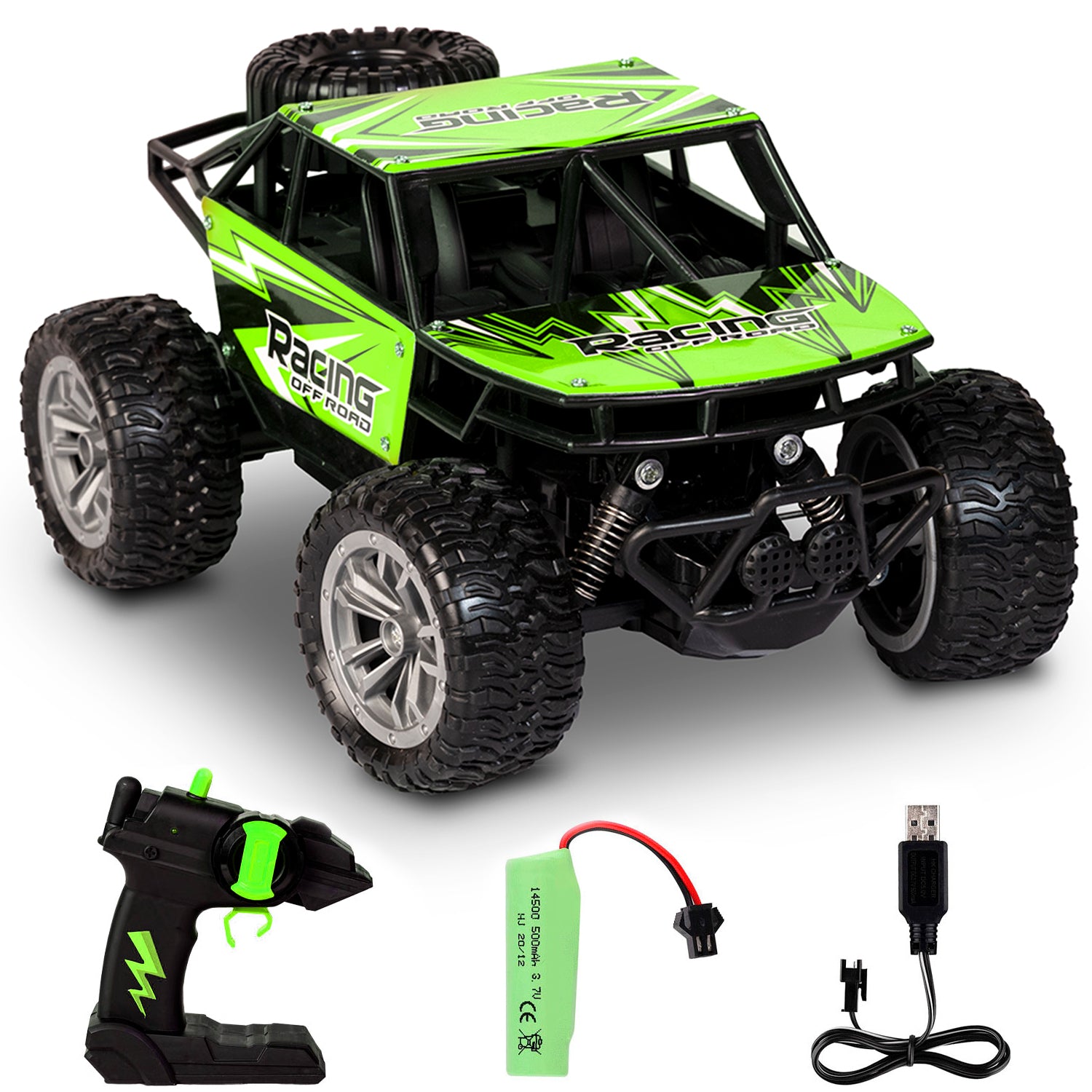 Kipa Gaming USB Rechargeable Duster RC Car Pack of 1 | Remote Control Car with Spring Suspensions | 2WD Rock Crawler Gift for Kids and Boys - Green