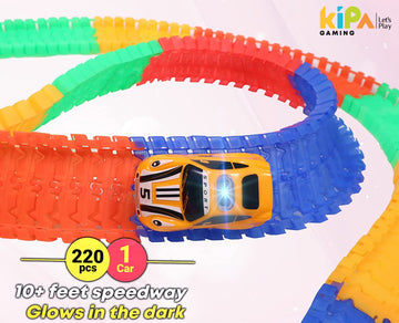 Super 1 Magic Race Car with 240 Bend Flex and Glow Tracks: 11 Feet Long Flexible Car Play Set for Kids