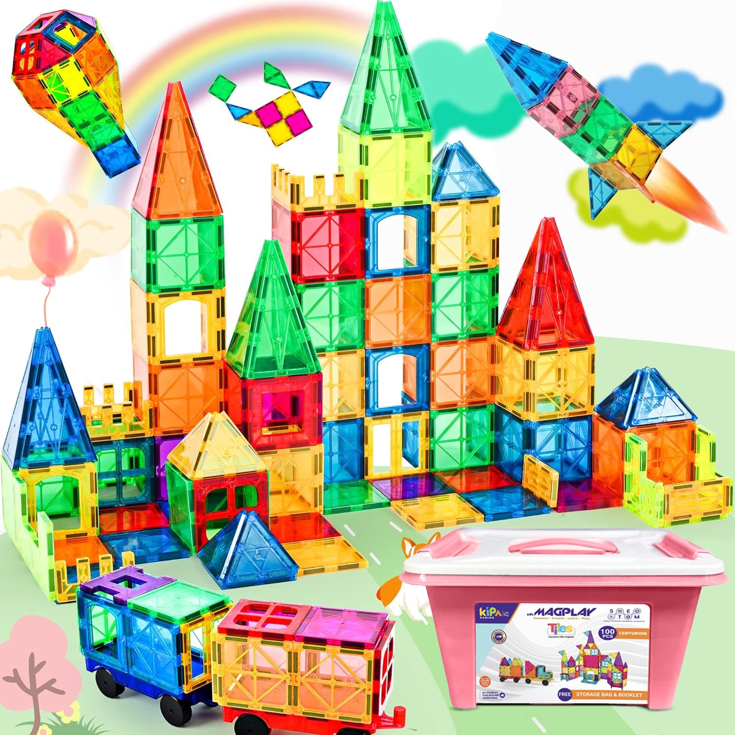 KIPA GAMING Mag Play Centurian 100 Pieces Made in India Magnetic Tiles Set with Storage Container - Constructing and Creative Learning Educational STEAM Toy with Smart Outdoor Backpack - Multicolor