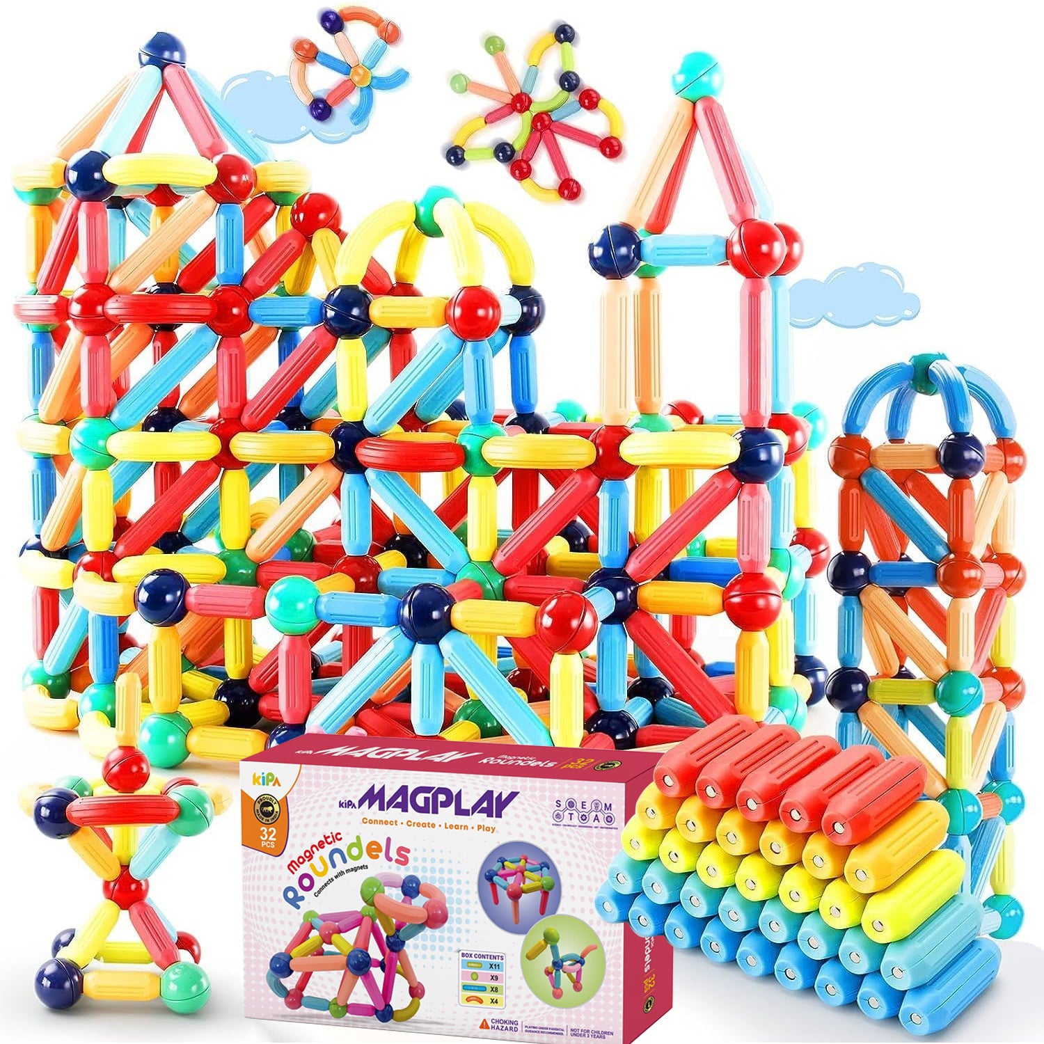 KIPA GAMING MagPlay Magnetic Sticks and Balls: 32-Piece Magnetic Building Set - Educational STEAM Toy for Toddlers (3+ Years) - Montessori Learning and Construction Kit
